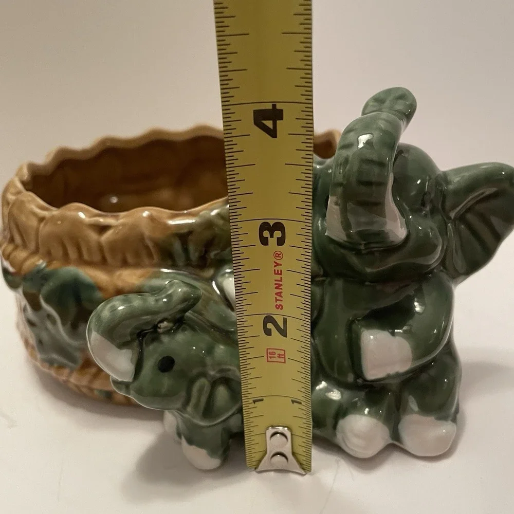 Vtg Majolica Style Elephant Planter Mother & Baby Bamboo Basket Ceramic Cachepot